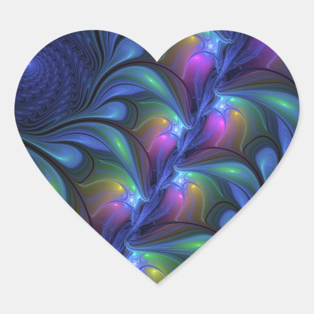 Farbenfrohe Abstrakte blaurosa grünes Fraktal Herz-Aufkleber (Vorderseite)