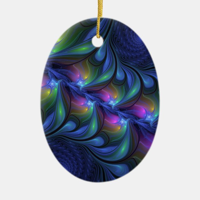 Farbenfrohe Abstrakte blaurosa grünes Fraktal Keramik Ornament (Vorne)