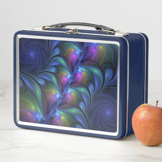 Farbenfrohe Abstrakte blaurosa grünes Fraktal Metall Lunch Box (Beispiel)