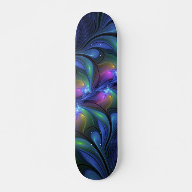 Farbenfrohe Abstrakte blaurosa grünes Fraktal Skateboard (Vorne)