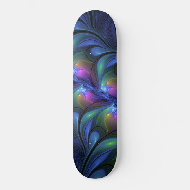 Farbenfrohe Abstrakte blaurosa grünes Fraktal Skateboard (Vorderseite)