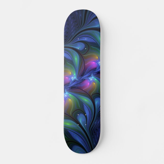 Farbenfrohe Abstrakte blaurosa grünes Fraktal Skateboard (Vorderseite)
