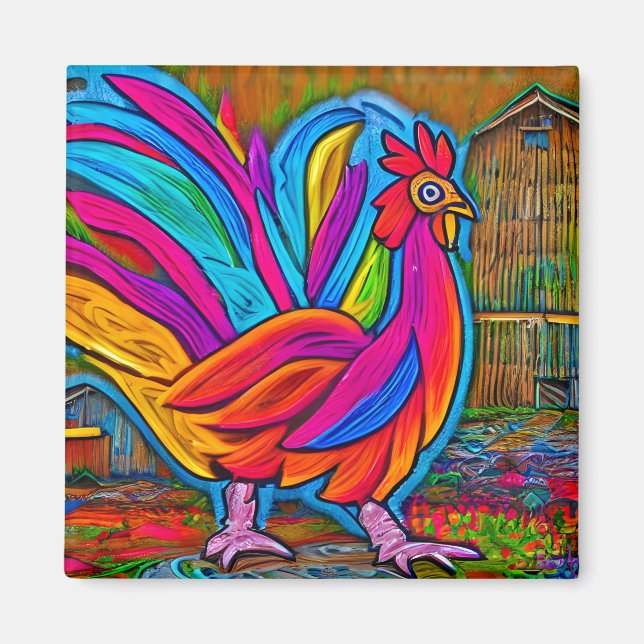 Farbenfrohe Abstrakte Cartoon-Stall-Rooster Magnet (Vorne)