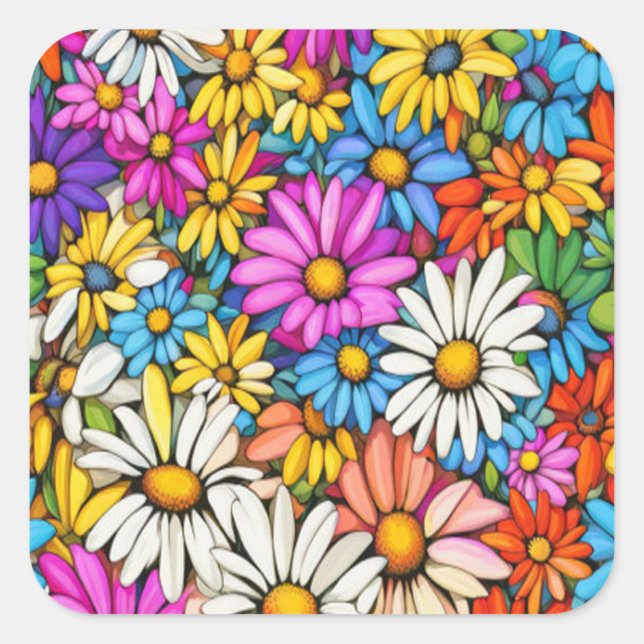 Farbenfrohe Abstrakte Daisies #444 - Quadratischer Aufkleber (Vorderseite)