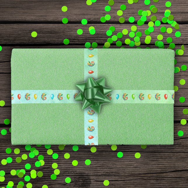 Farbenfrohe Abstrakte Eidechsen Blätter Feierliche Satinband (Festive colourful lizards with balloons various colours on green and blue gift wrap ribbon.)