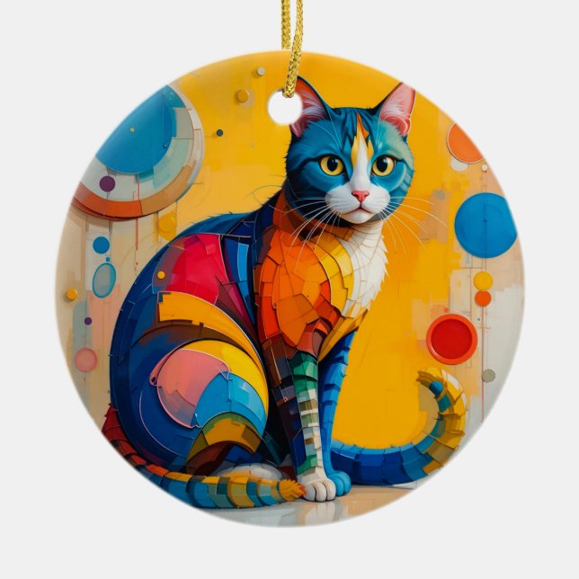 Farbenfrohe Abstrakte Katzenarbeit Keramik Ornament (Vorne)