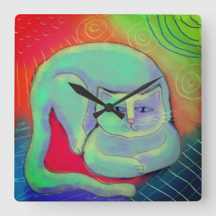 Farbenfrohe Abstrakte Katzenmalerei rund um die Uh Quadratische Wanduhr