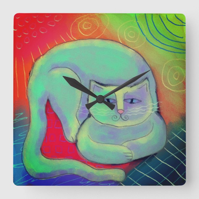 Farbenfrohe Abstrakte Katzenmalerei rund um die Uh Quadratische Wanduhr (Vorderseite)