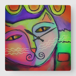 Farbenfrohe Abstrakte Kunst-Kat-Malerei Quadratische Wanduhr