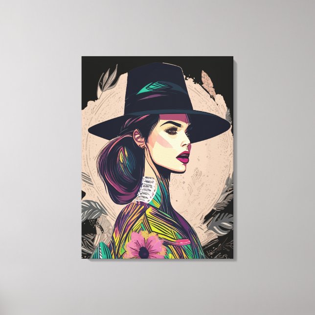 Farbenfrohe Abstrakte Kunstfloral Girl mit Big Hat Leinwanddruck (Vorderseite)