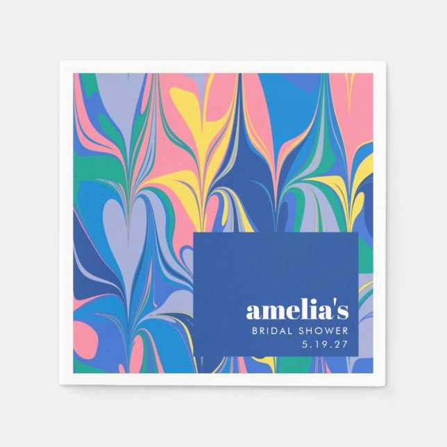 Farbenfrohe Abstrakte Marmorplatte Blaues Brautpar Serviette (Vorderseite)