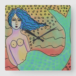 Farbenfrohe Abstrakte Meerjungfrau Kunst, Dichtung Quadratische Wanduhr
