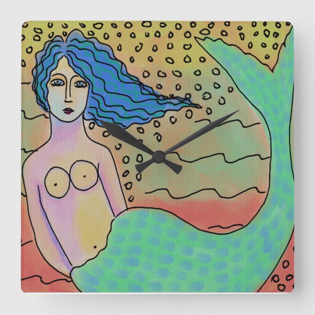 Farbenfrohe Abstrakte Meerjungfrau Kunst, Dichtung Quadratische Wanduhr (Vorderseite)