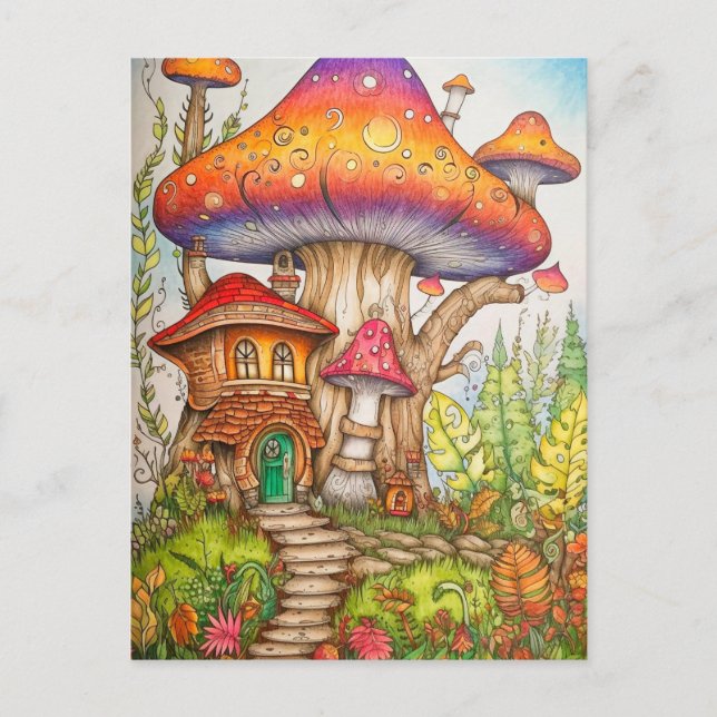Farbenfrohe Abstrakte Mushroom House Illustration Postkarte (Vorderseite)