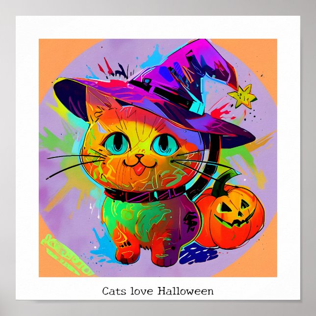 Farbenfrohe abstrakte Niedlich Happy Halloween Kat Poster (Vorne)