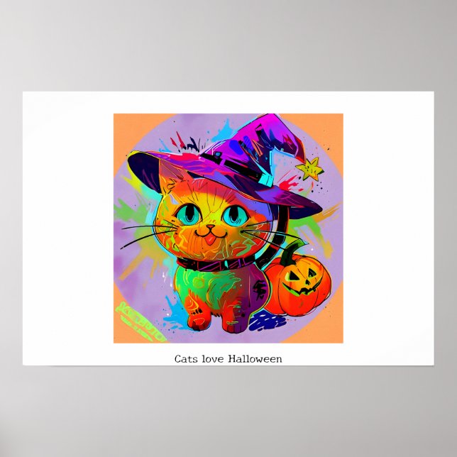 Farbenfrohe abstrakte Niedlich Happy Halloween Kat Poster (Vorne)