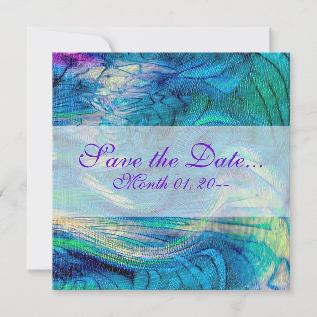 Farbenfrohe Abstrakte Pfauenankündigungen Save The Date (Vorderseite)
