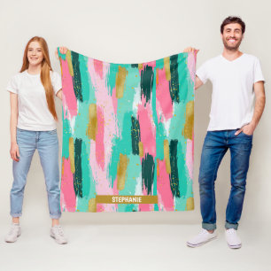 Farbenfrohe abstrakte Pinselstriche - Mint & Pink Fleecedecke
