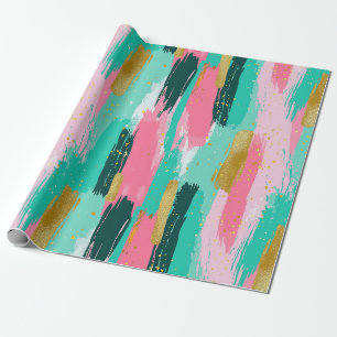 Farbenfrohe abstrakte Pinselstriche - Mint & Pink Geschenkpapier