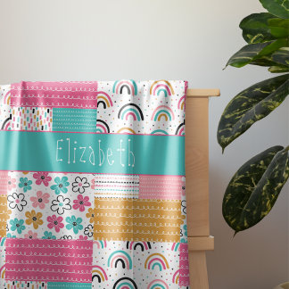 Farbenfrohe Abstrakte Regenbogen-Blume Patchwork Sherpadecke