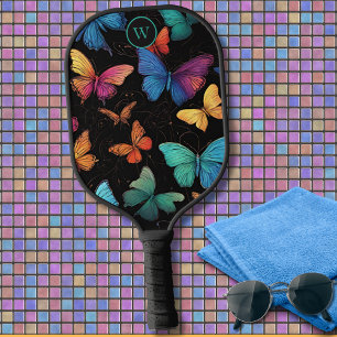 Farbenfrohe Abstrakte Schmetterlinge Monogramm Pickleball Schläger