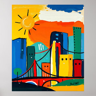 Farbenfrohe Abstrakte Stadtführung mit Sonne und B Poster