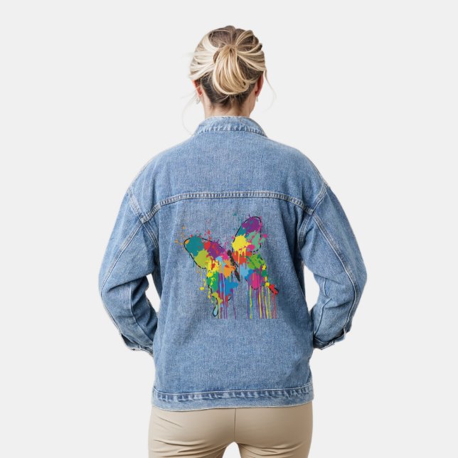 Farbenfrohe Abstrakte Tropfen-Paint Butterfly Jeansjacke (Modell)