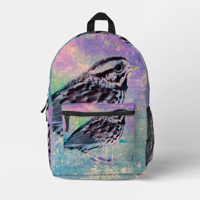 Farbenfrohe Abstrakte Vogelkunst: Lebhafter Songbi Bedruckter Rucksack (Vorderseite)