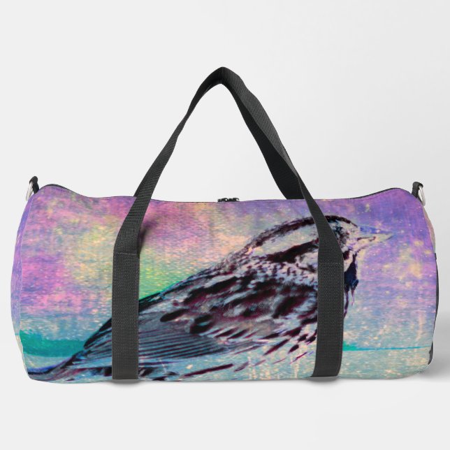 Farbenfrohe Abstrakte Vogelkunst: Lebhafter Songbi Duffle Bag (Vorderseite)