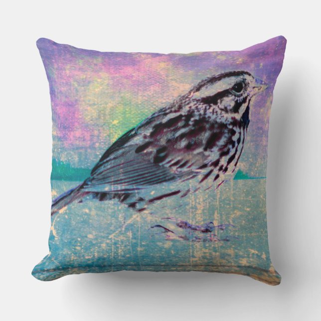 Farbenfrohe Abstrakte Vogelkunst: Lebhafter Songbi Kissen (Vorderseite)