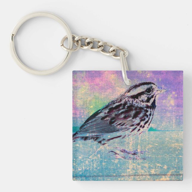 Farbenfrohe Abstrakte Vogelkunst: Lebhafter Songbi Schlüsselanhänger (Vorderseite)