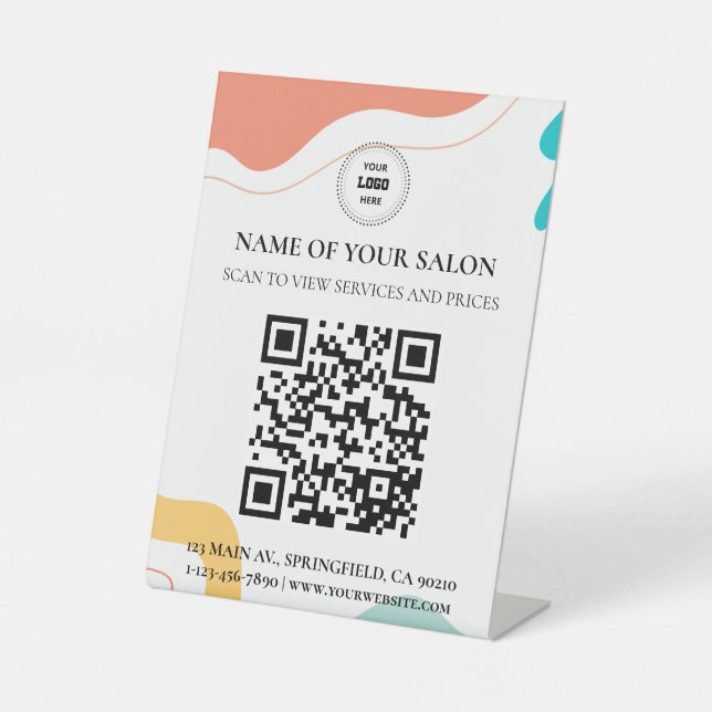 Farbenfrohe Abstrakte Wave QR Code Salon Services  Sockelschild (Vorderseite)