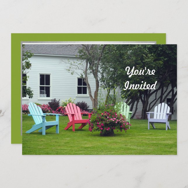 Farbenfrohe Adirondack Stuhl Blumenstuhl Foto Gebu Einladung (Vorne/Hinten)