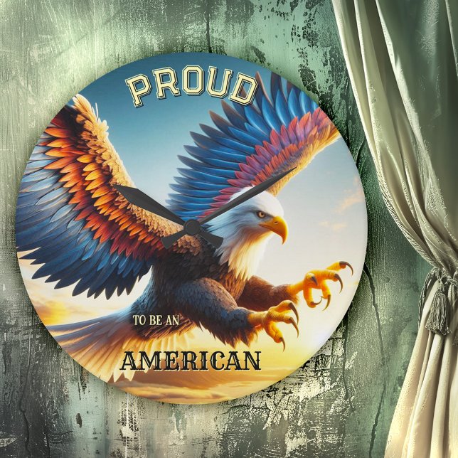 Farbenfrohe Adleruhr Runde Wanduhr (Wall clock featuring a colorful painting of a landing bald eagle with spread wings - USA patriots)