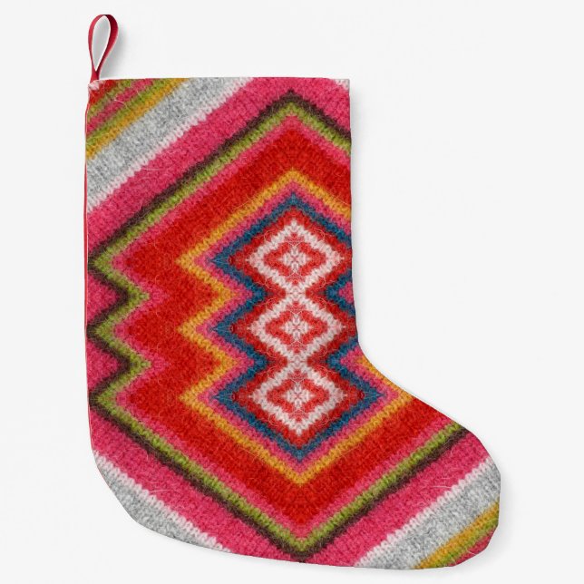 Farbenfrohe alpaca mohaar Pullover Ornament Nähe. Kleiner Weihnachtsstrumpf (Vorderseite)