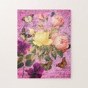 Farbenfrohe alte rosa und gelbe Rosen und Schmette Puzzle