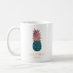 Farbenfrohe Ananas und Gold Aloha Kaffeetasse