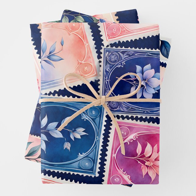 Farbenfrohe antike Briefmarke Art Wrapping Paper S Geschenkpapier Set (Von Creator hochgeladen)