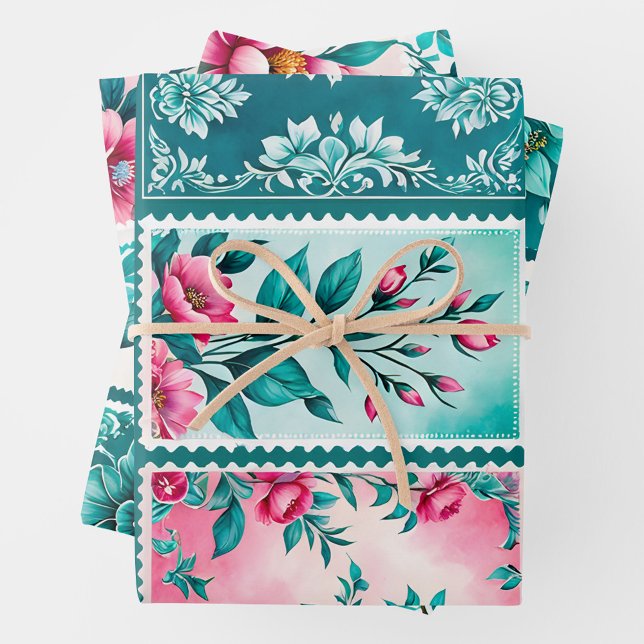 Farbenfrohe antike Briefmarke Art Wrapping Paper S Geschenkpapier Set (Von Creator hochgeladen)