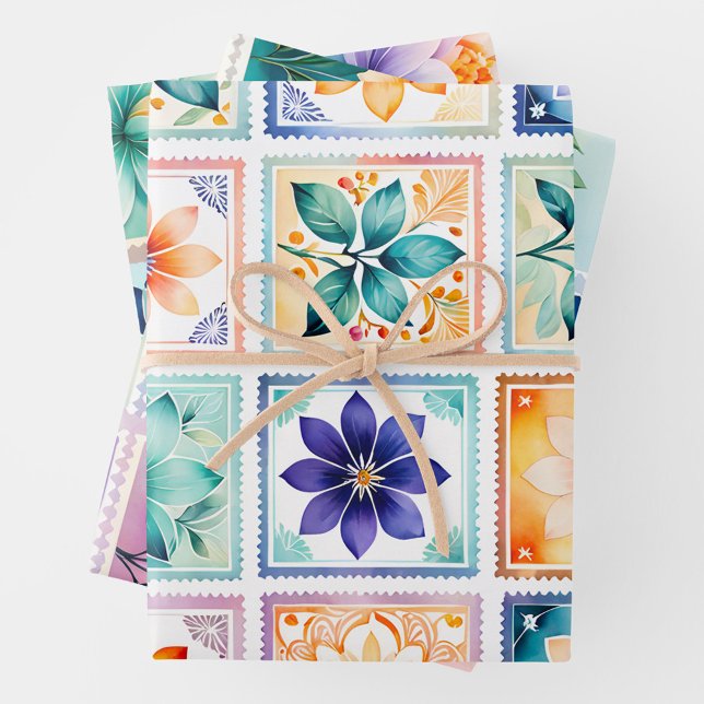 Farbenfrohe antike Briefmarke Art Wrapping Paper S Geschenkpapier Set (Von Creator hochgeladen)