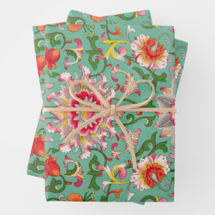 Farbenfrohe Antike Flora Botanische Chinoiserie Geschenkpapier Set