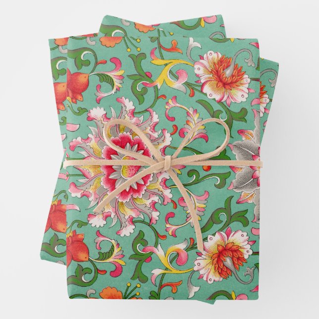 Farbenfrohe Antike Flora Botanische Chinoiserie Geschenkpapier Set (Beispiel)
