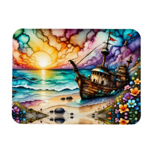 Farbenfrohe antike Shipwreck Beach Blume und Sky Magnet