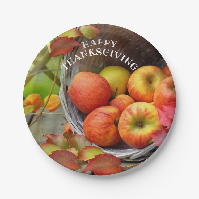 Farbenfrohe Apple Basket Happy Thanksgiving Pappteller (Vorderseite)