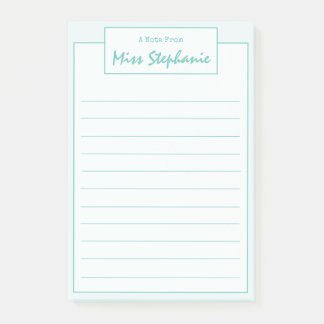 Farbenfrohe Aquamarine blaue Schrift vom Lehrer Post-it Klebezettel
