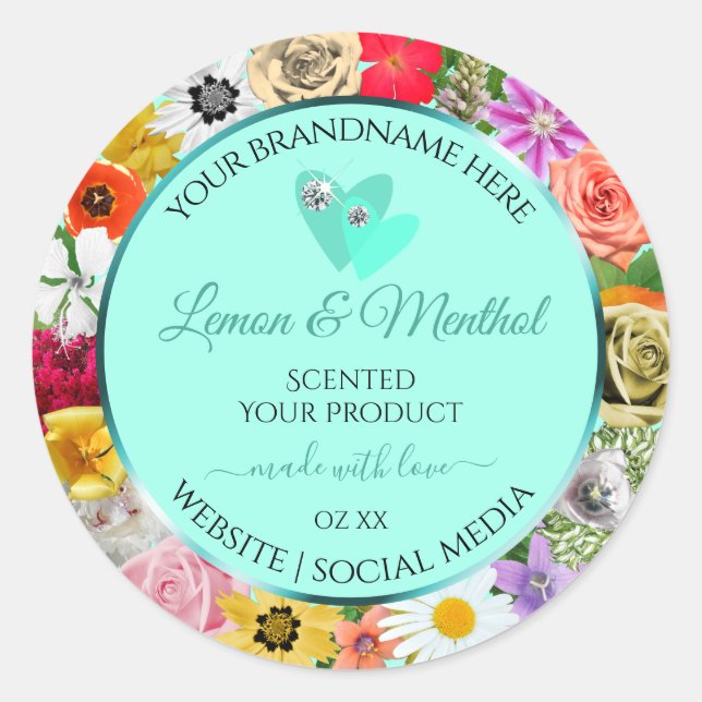 Farbenfrohe Aquamarine Blumenmarken Runder Aufkleber (Vorderseite)
