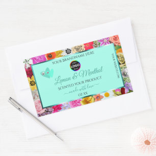 Farbenfrohe Aquamarine, florale Produktetiketten L Rechteckiger Aufkleber