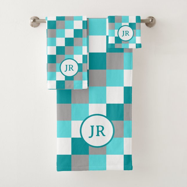 Farbenfrohe Aquamarine und Aqua Checkered Matching Badhandtuch Set (Insitu)