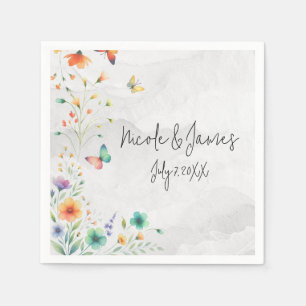 Farbenfrohe Aquarell-Blumen-Schmetterling-Hochzeit Serviette