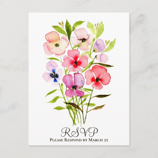 Farbenfrohe Aquarellblume Bouquet Wedding RSVP Postkarte (Vorderseite)